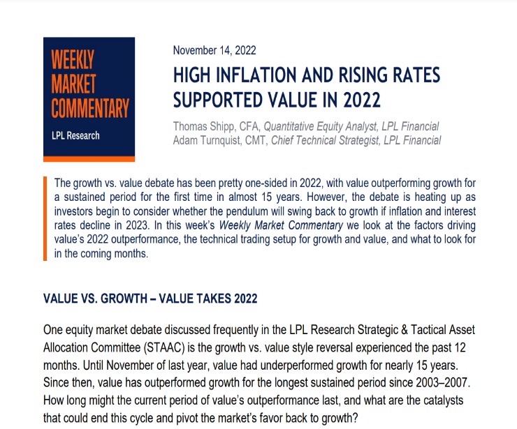 Inflation and Rising Rates Supported Value in 2022 Weekly Market